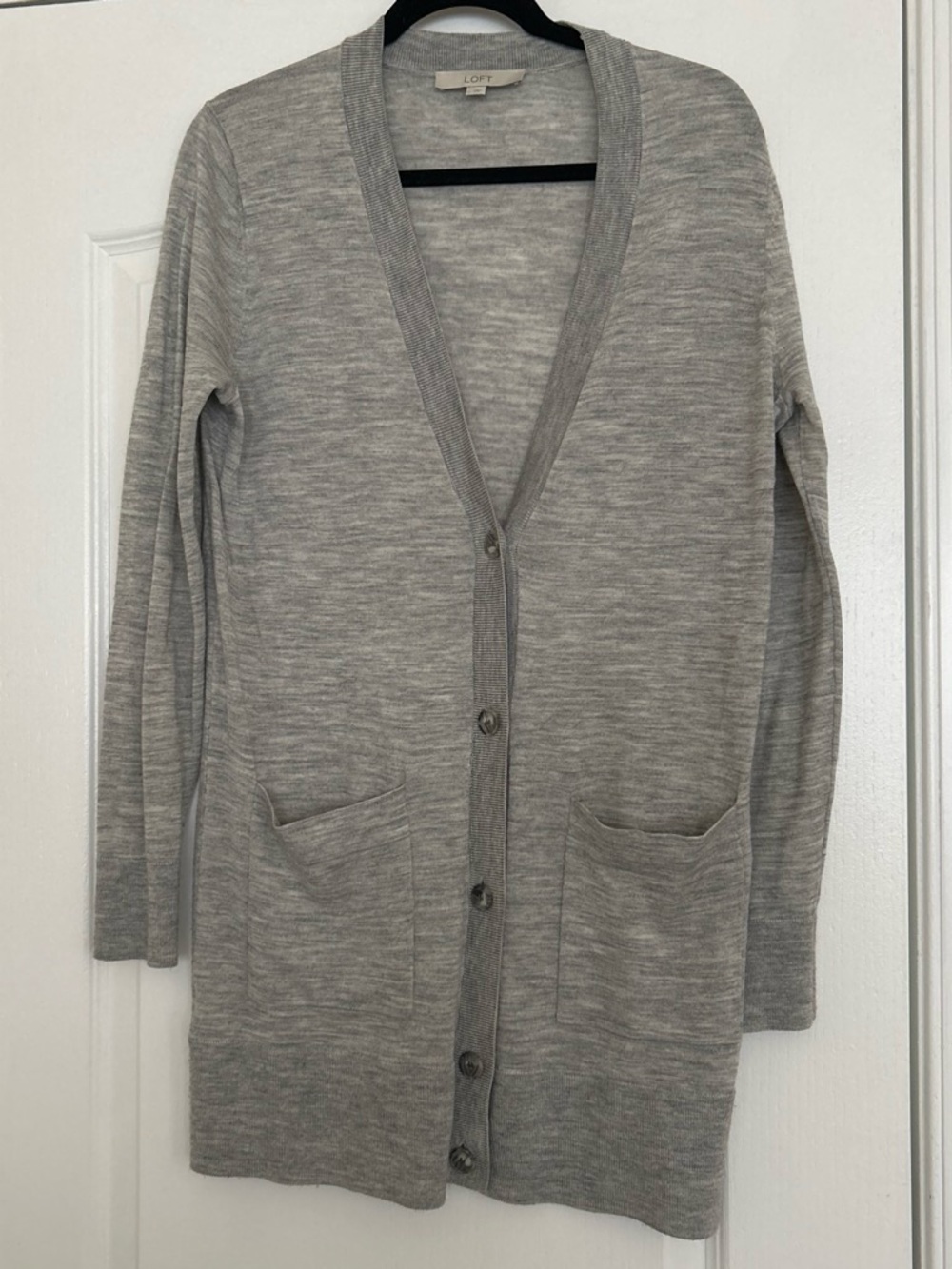 LOFT Gray Long Button-Front Cardigan with Pockets